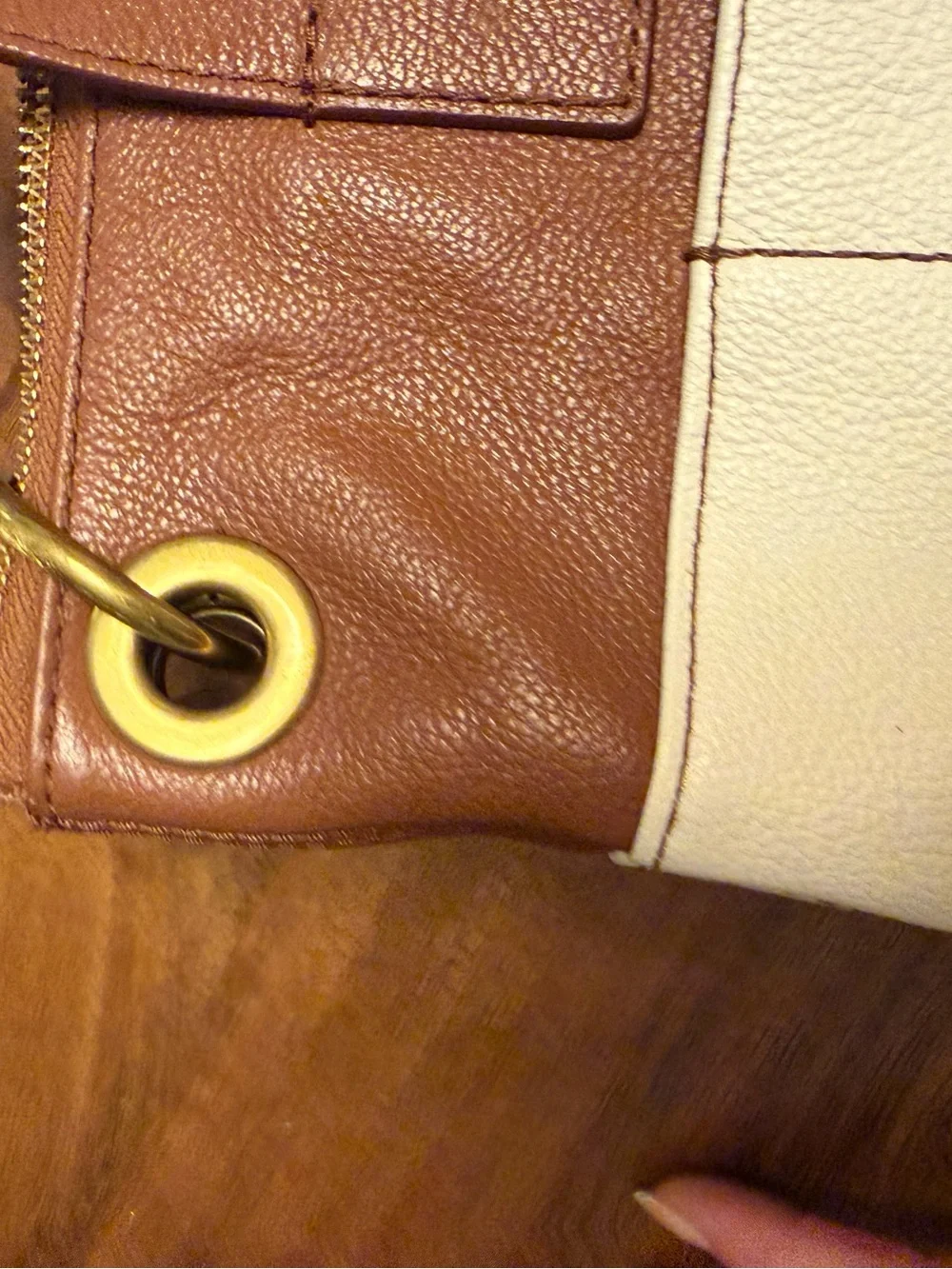 Fossil Colorblock Leather Tote Bag Ivory Cream Brown Pebbled Leather Zip Top